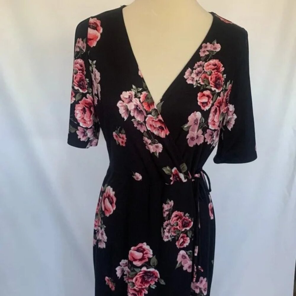 Floral Wrap Maxi Dress - Black with Pink Rose Print